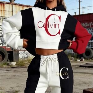 Fashion Nova Black/White/Red Colorblock Cropped Hoodie & Joggers Set
